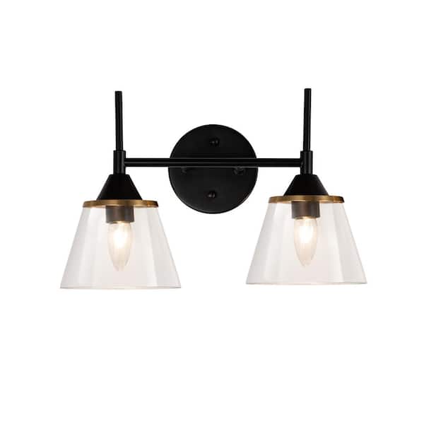EDISLIVE Oliver 15.15 in. 2-Light Black Modern Industrial Bathroom Vanity Light with Clear Glass Shades