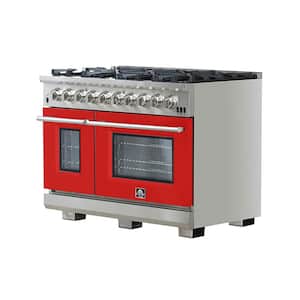 Capriasca 48 in. 8 Burner Double Oven Dual Fuel Range with Gas Stove and Electric Oven in Stainless Steel with Red Door