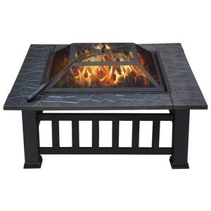 Traditional 20.5 in. W x 12.4 in. H Outdoor Square Metal Charcoal Black Burning Fire Pit with Cover
