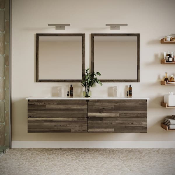 Fresca Formosa 72 in. Double Sink Wall Mount Floating Acacia Bath Vanity with White Quartz Top and Undermount Ceramic Sink