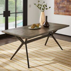 Brown Wood Finish 70 in. Iron Grey Metal Trestle Base Dining Table Seats 6