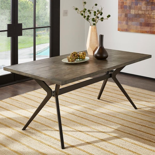 HomeSullivan Brown Wood Finish 70 in. Iron Grey Metal Trestle Base Dining Table Seats 6