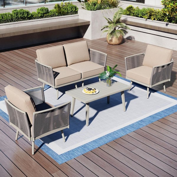 Gray Wicker Rattan 4 Seat 5-Piece Steel Outdoor Patio Conversation Sectional Set with Beige Cushions and Coffee Table
