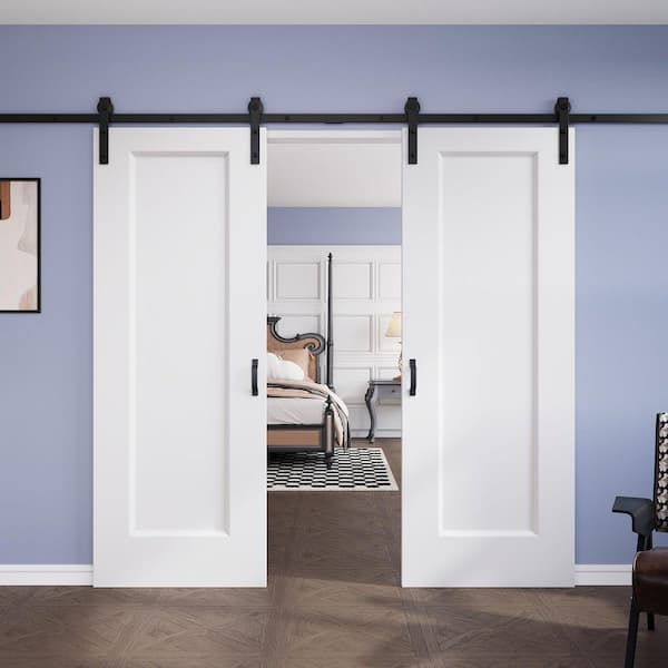 60 in. x 80 in. 1 Panel White Primed Hollow Core MDF Sliding Barn Door with Hardware Kit Handle Included