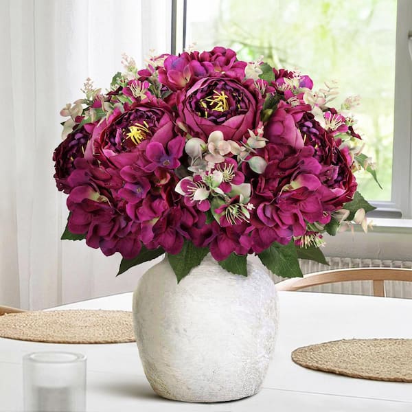 17 in. Plum Burgundy Artificial Mixed Peony Hydrangea Blossom Flower Stem Bush Bouquet (Set of 2)