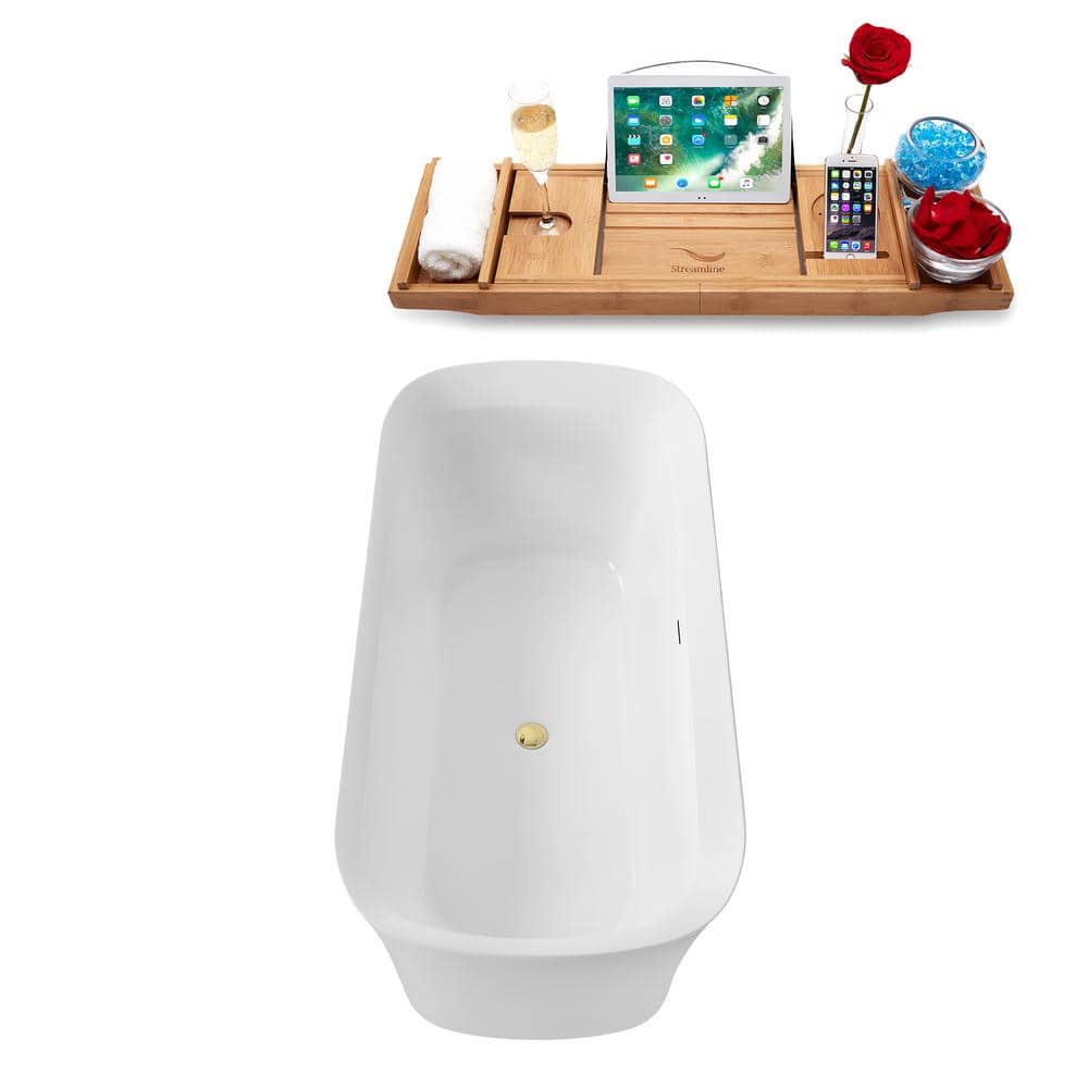 67" Glossy White Acrylic Freestanding Soaking Tub with Bamboo Tray