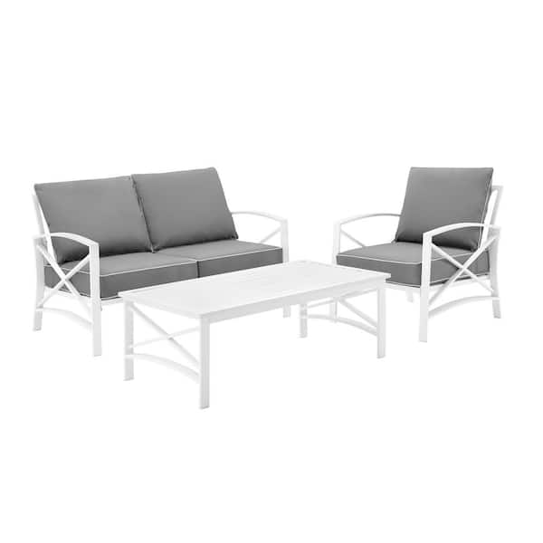 CROSLEY FURNITURE Kaplan White 3-Piece Metal Patio Seating Set with Grey Cushions