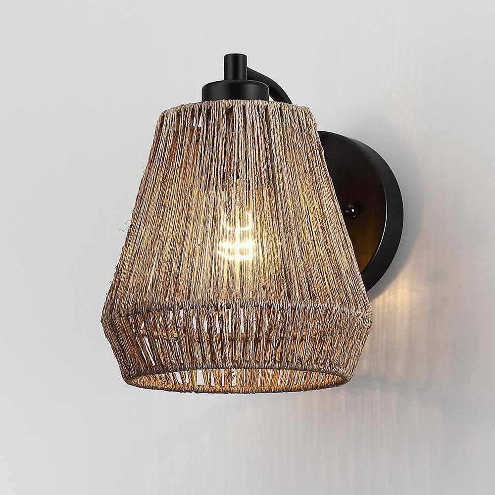 TRUE FINE Bohe 1-Light 7 in. Bohemian Jute Rope Wall Sconce Light with ...