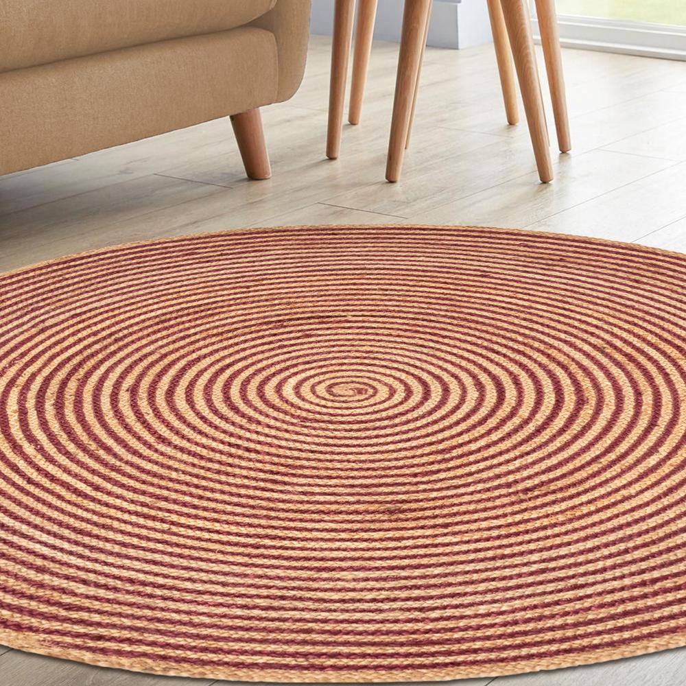 Braided Burgundy and Natural Jute Round Area Rug, 8'