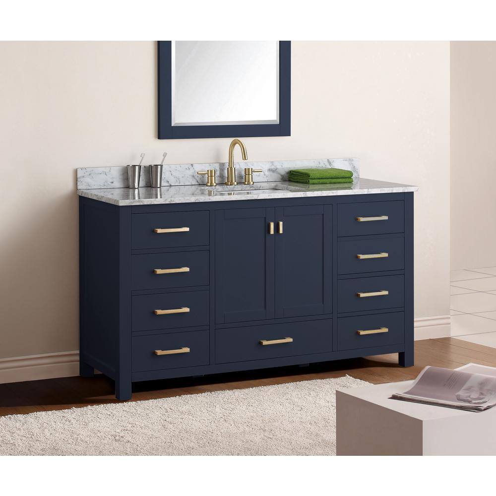 Navy Blue Solid Wood 60" Freestanding Vanity Base