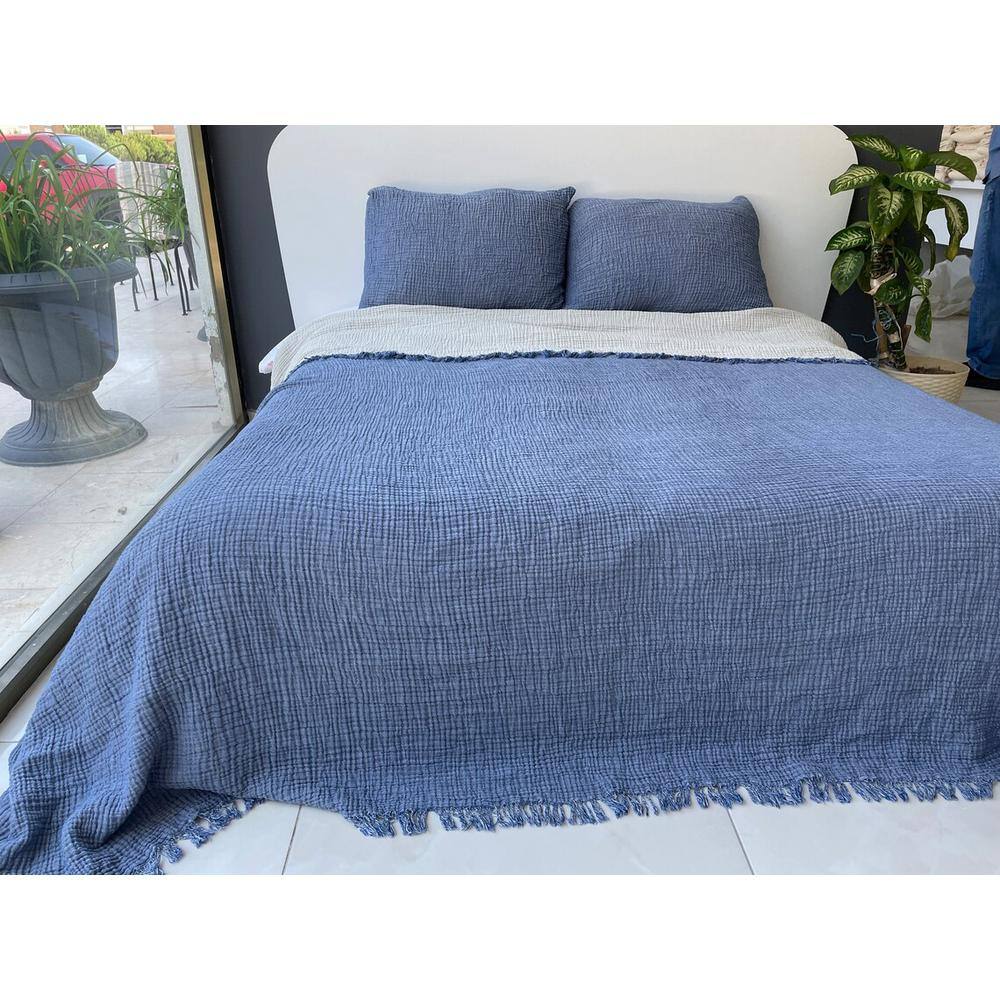 Twin Blue Organic Cotton Reversible Bedspread Set