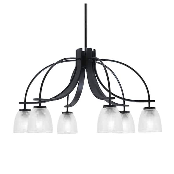 Unbranded Olympia 17.5 in. 6-Light Matte Black Downlight Chandelier Clear Ribbed Glass Shade