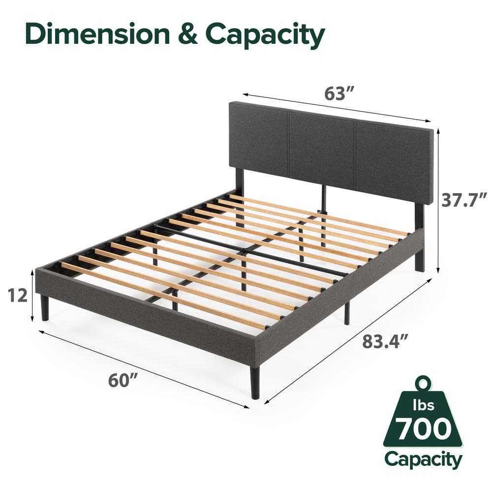 Elegant Gray Queen Upholstered Platform Bed with Bamboo Slats