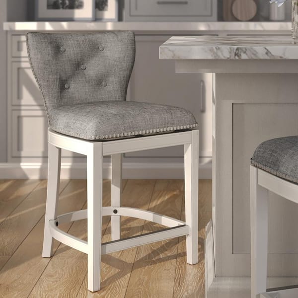 Stella 26in. Wood Counter-Height Swivel Bar Stool with Back, White with Gray Upholstery