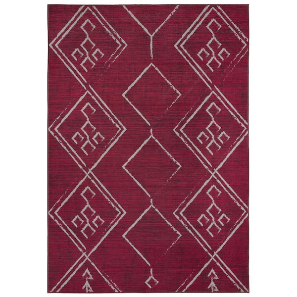 Aspen Burgundy Creme 5 ft. 4 in. x 8 ft. Machine Washable Tribal Moroccan Bohemian Polyester Non-Slip Backing Area Rug