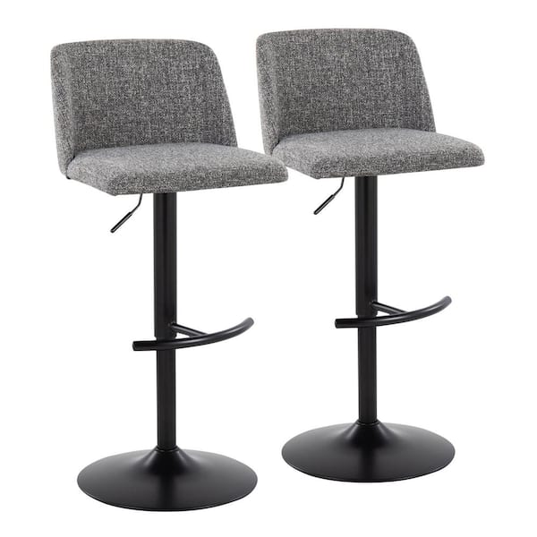 Lumisource Toriano 33 in. Grey Noise Fabric and Black Metal Adjustable Bar Stool with Rounded T Footrest (Set of 2)