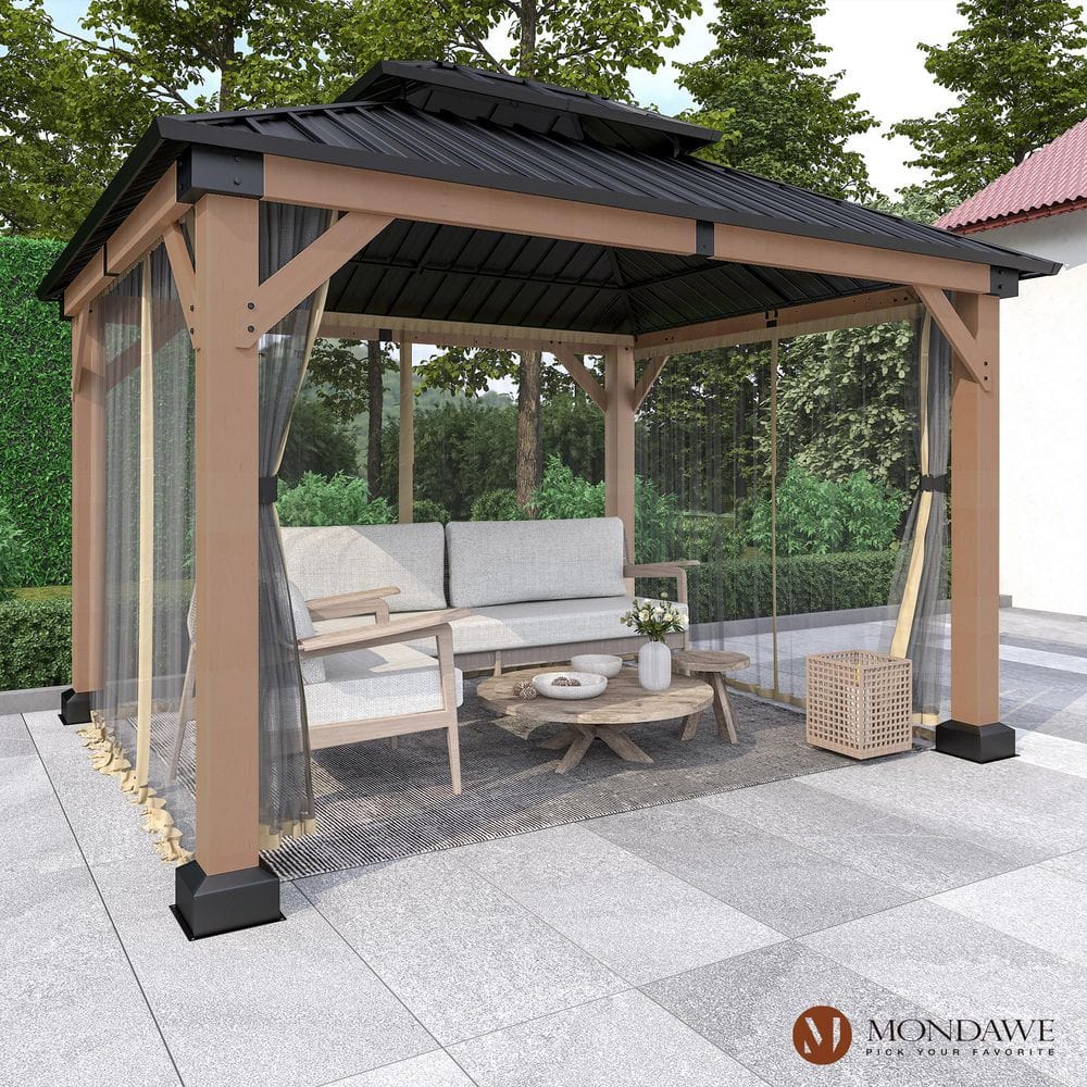 Mondawe 10'x12' Permanent Hardtop Gazebo Canopy Cedar Wood Framed Pavilion with Galvanized Steel Double Roof for Patio Lawn and Garden, Netting Included