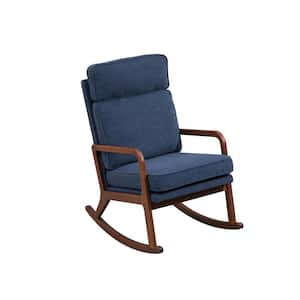 Modern Wood Outdoor Rocking Chair with Blue Cushions, Comfortable Boucle Upholstered High Back