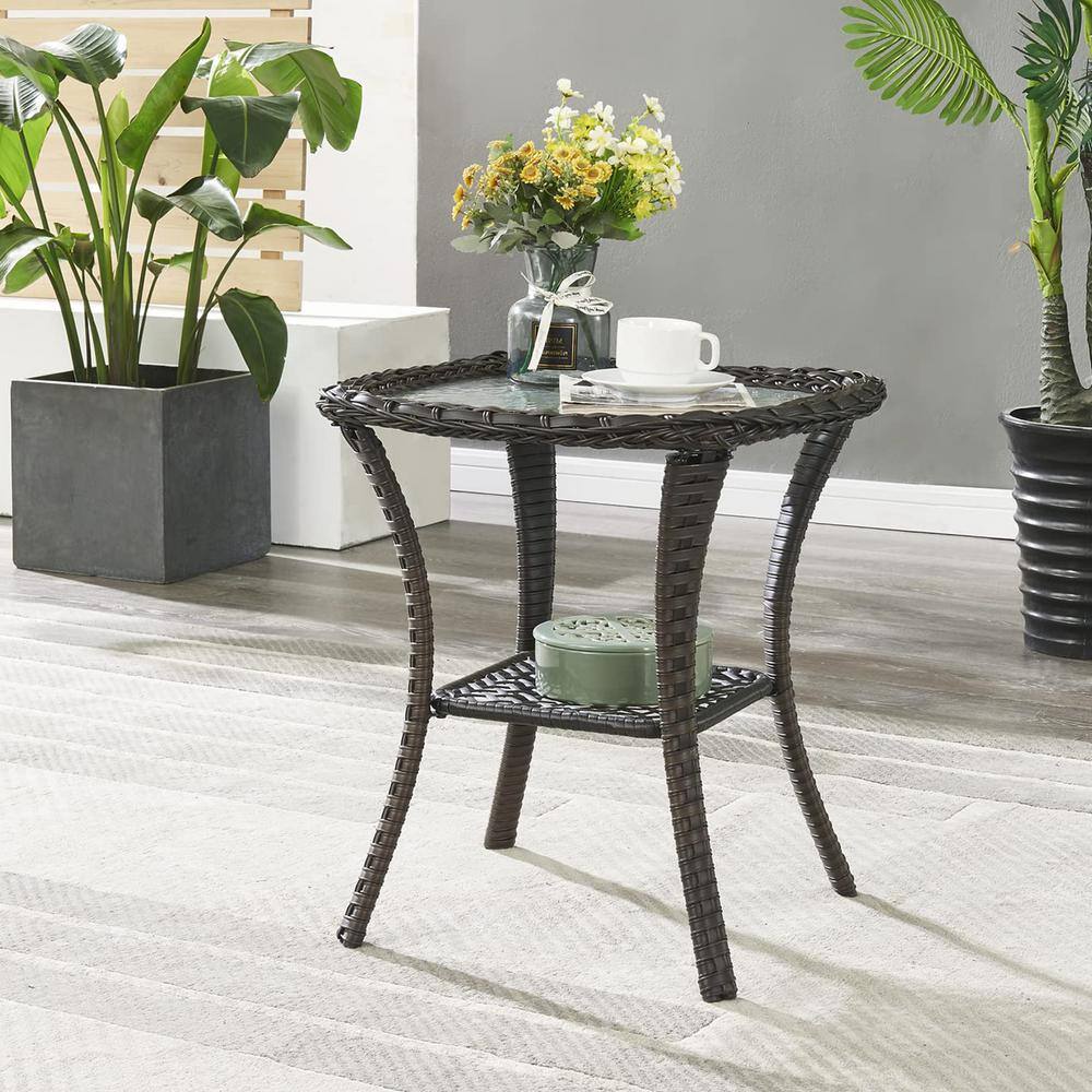 Brown Wicker and Glass Outdoor Square End Table