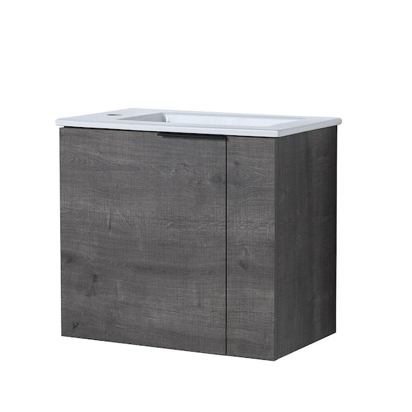 Adrinfly 22 in. W Floating Bath Vanity with White Ceramic Single Sink Top, Soft Close Door and Pull Handle, Plaid Grey Oak