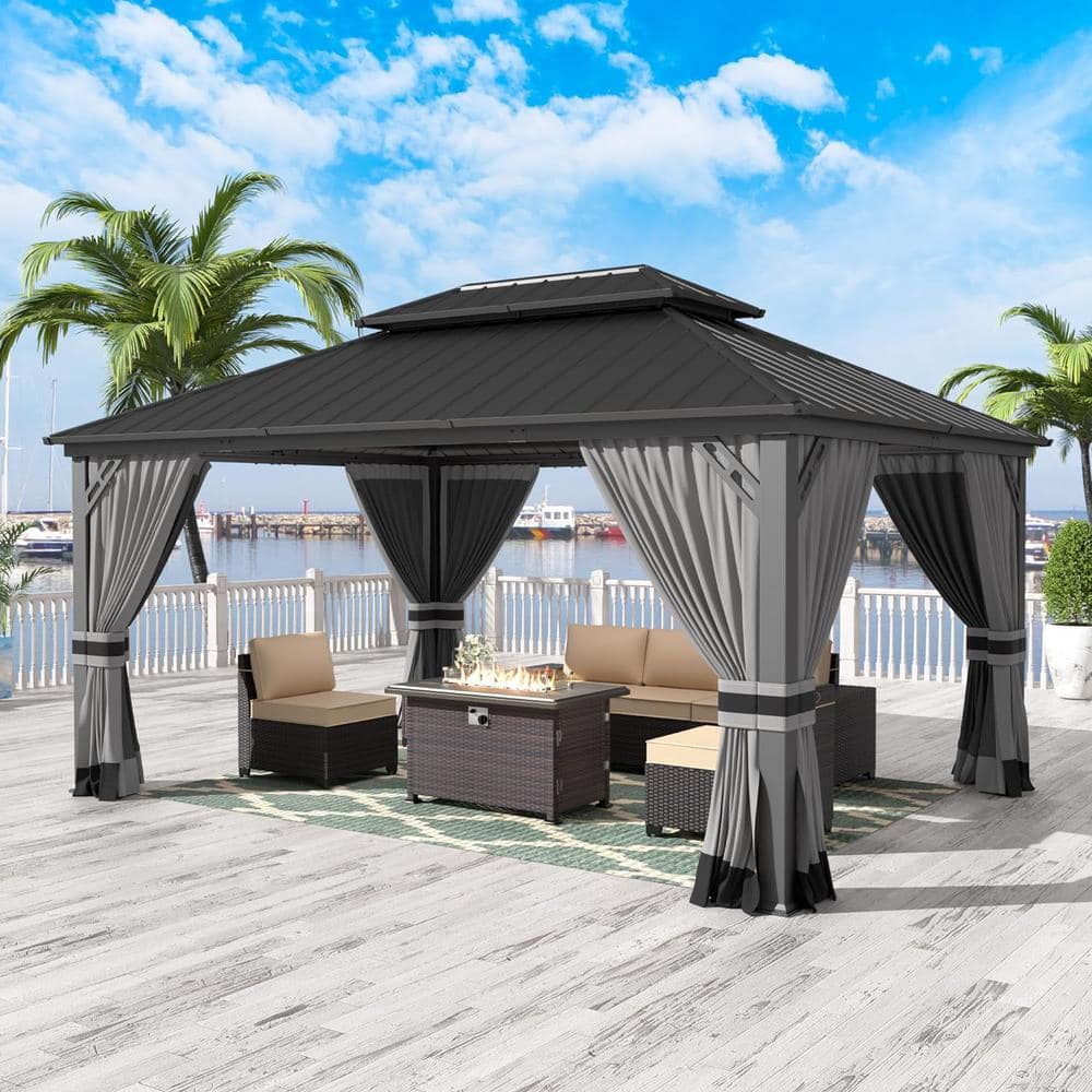 Gray 12x16ft Hardtop Gazebo with Nettings and Curtains