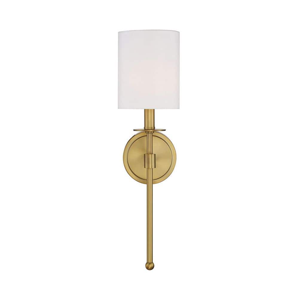 Elegant Natural Brass and White Fabric 20" Wall Sconce