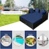 Black wicker day bed with navy blue cushions and various usage scene icons.