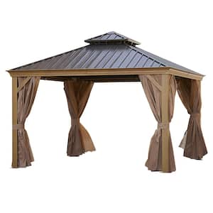 12 ft. x 12 ft. Bronze Outdoor Hardtop Patio Gazebo with Steel Canopy, Netting and Curtains
