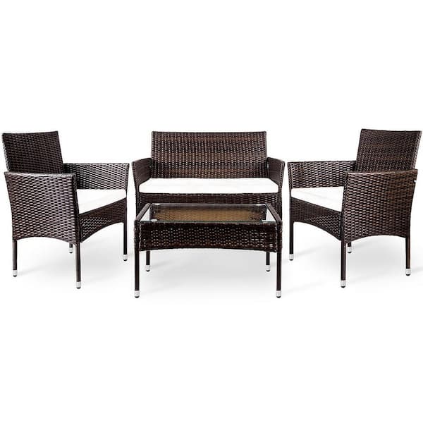 FORCLOVER 4-Piece Wicker Patio Conversation Set with Beige Cushions