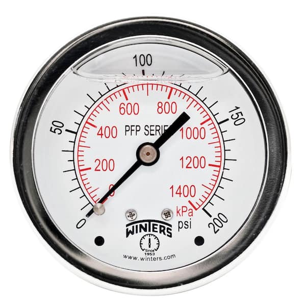 Winters Instruments PFP Series 2.5 in. Stainless Steel Liquid Filled Case Pressure Gauge with 1/4 in. NPT CBM and Range of 0-200 psi/kPa