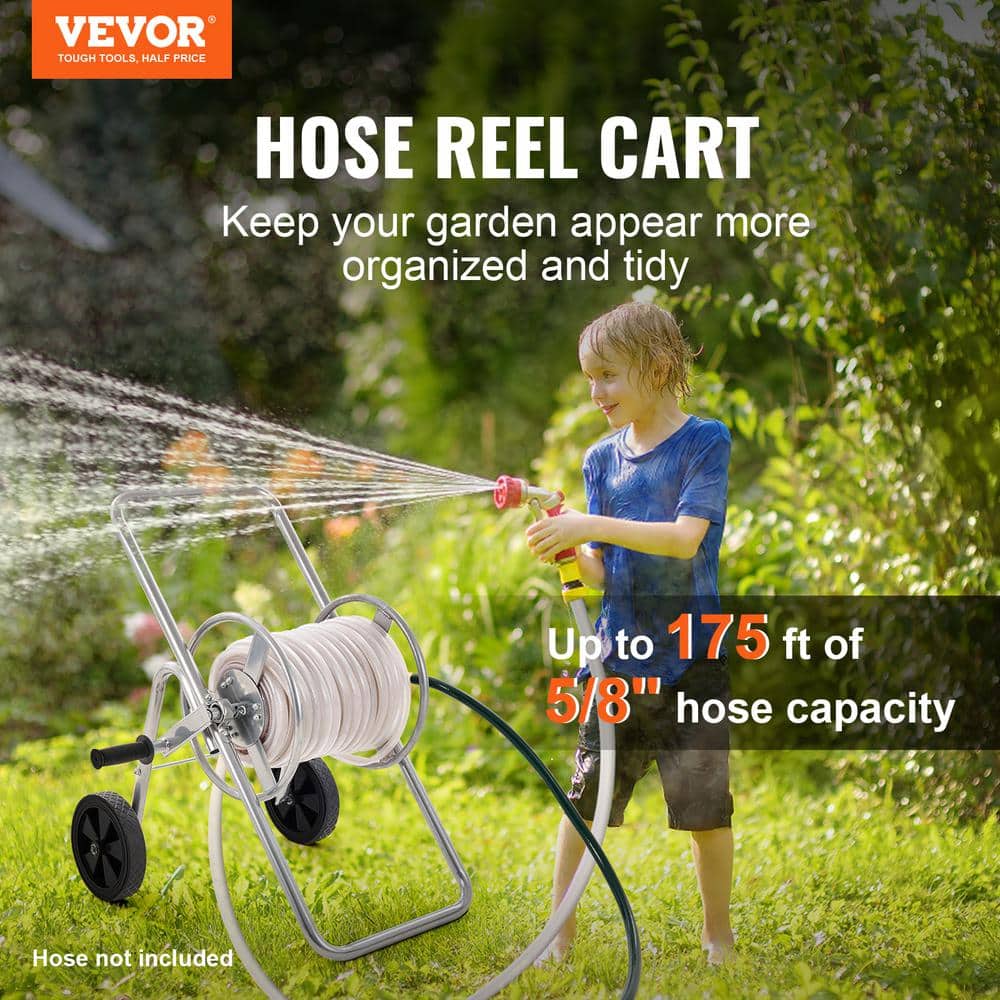 Heavy Duty Silver Steel Manual Crank Hose Reel Cart with Wheels
