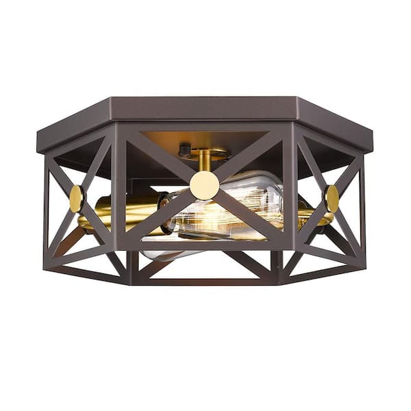 JAZAVA Farmhouse 12 in. 2-Light Oil Rubbed Bronze Gold Finish Metal Cage Flush Mount ‎Ceiling Light