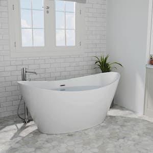 59 in. Free Standing Bathtub Streamline Stand Alone Flatbottom Acrylic Deep Soaking SPA Tubs for Adults in White