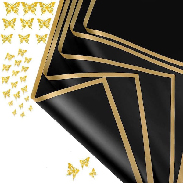 N/A Waterproof Flower Bouquet Wrapping Paper 22 x 22 in. with Gold Butterfly Decorations for Floral Gift Wrapping Black