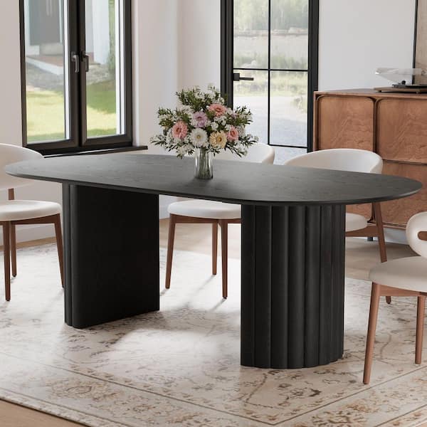 Minimalist Black Oval Top Wood 86 in. Double Pedestal Base Dining Table Seats 8 for Dining Room and Kitchen