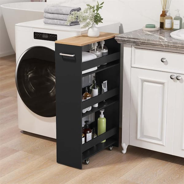 Black Engineered Wood 8 in. Slim 4-Tier Rolling Storage Kitchen Cart with Open Shelves