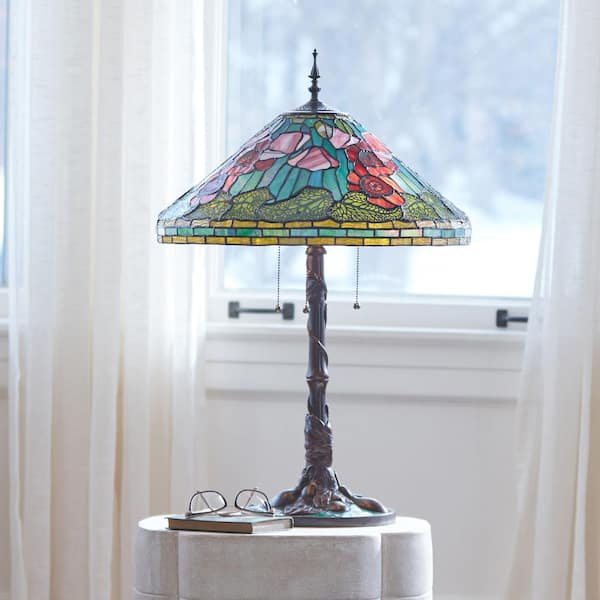 River of Goods Ava 29 .5 in. Antique Bronze Multi-Colored Poppies Tiffany-Style Stained Glass Table Lamp