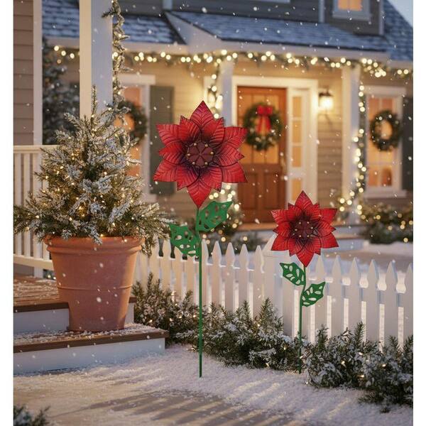 Unbrand 2-Pack Outdoor Christmas Poinsettia Metal Garden Stakes