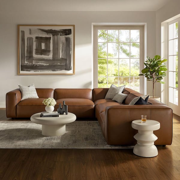 Auren 129.5 in. Square Arm 5-Piece Upholstered Vegan Leather L-Shaped Sectional Sofa in Coffee Brown