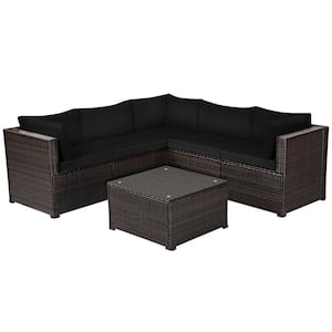 Metal Wicker Outdoor Patio Sectional Sofa Conversation Set Outdoor with Black Cushions (6 pcs)