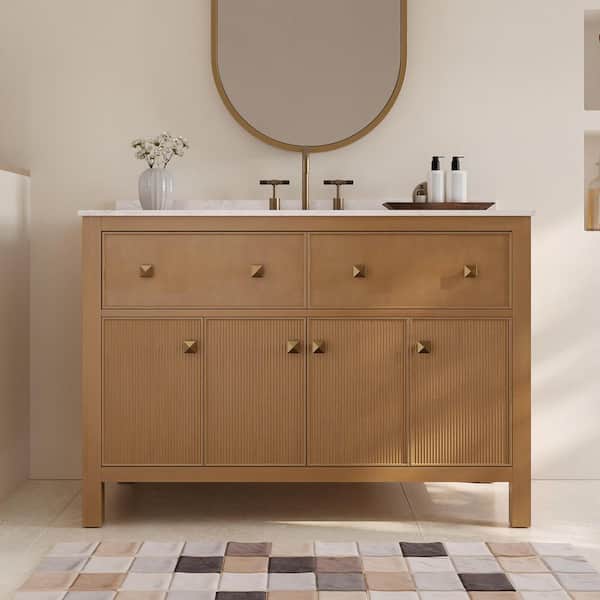 48 in. Double Sink Freestanding Bath Vanity in Walnut Mid Century Wood with White Cultured Marble Top（Assembled）