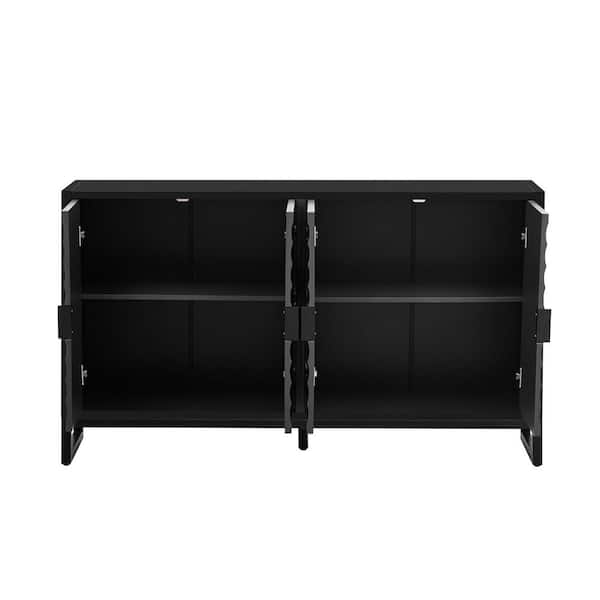 Black Wood 58.2 in. Sideboards with Stunning Water Wave Door and Adjustable Shelves