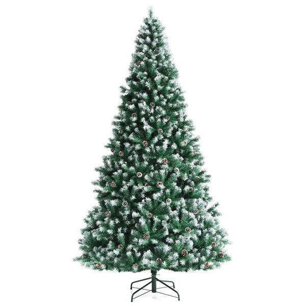 Costway 9 ft. Snow Flocked Hinged Christmas Tree with 2028 Branch Tips and Pine Cones CM23723