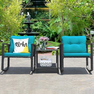 3-Piece Wicker Patio Conversation Set Rattan Chair Table Set with Blue Cushions