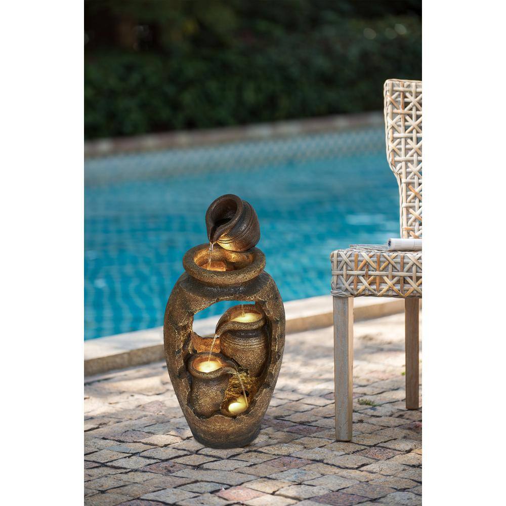 Rustic Brown Polyresin 3-Tier Pot Design Water Fountain with Light