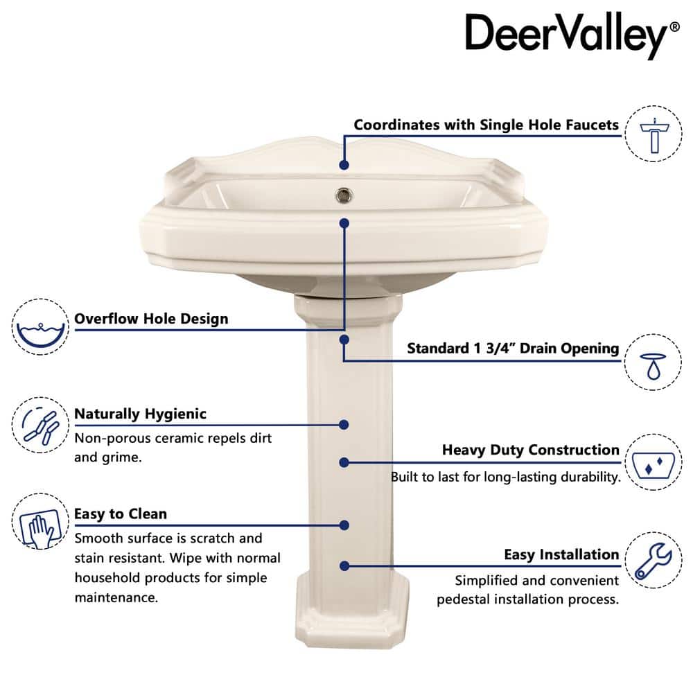 Bone Ceramic Rectangular Pedestal Bathroom Sink with Single Faucet Hole