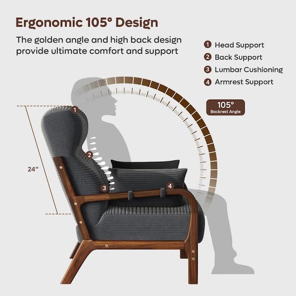 34.7 in. H Grey Upholstered Arm Chair Accent Chair with High Back and 2-Armrest Pillow