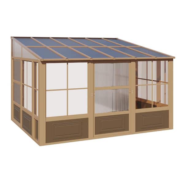 Unbranded 10 ft. x 12 ft. Wall Mounted Gazebo, All-Season Aluminum Patio Gazebo with Side Door, Outdoor Permanent Sunroom, Brown