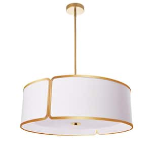 Notched Drum 3-Light Gold LED Pendant with White Fabric Shade