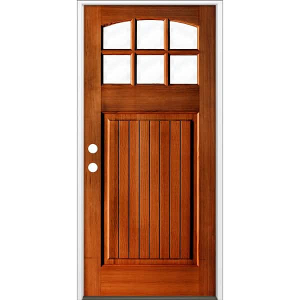 36 in. x 80 in. Craftsman 6 Lite V Groove Arch Top Red Chestnut Stain Right-Hand/Inswing Hemlock Prehung Front Door